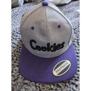 Cookies SF Snapback Hat Gray Purple Embroidered Script Logo Flat Brim Cap